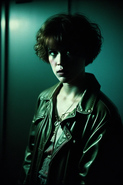 Full shot of eighteen--old ly Ringwald, messy/shaggy razored/layered bob haircut with sideswept bangs, bags under eyes, exhausted eyes, undershadowed eyes, with copper pocketwatch necklace, wearing dark green jacket with sleeves rolled up, white tank top and jeans, extremely realistic, extremely detailed, extreme realism, extreme detail, extremely accurate resemblance, scene from 1986 psychological sci-fi horror film, directed by Michael Mann, cinematography by Dante Spinotti, muted color scheme, muted color palette, neo-noir, tech-noir, shot on 35mm film, atmospheric, moody, Manhunter (1986) influenced, Thief (1981) influenced, bedhead, unkempt hair, insomniac, dark circles under eyes, brooding anti-heroine, cult classic, cult film, complex, elaborate, masterpiece, underlit, dark, directed by Nicholas Winding Refn, synthwave, neon, retrowave, darkwave, Hotline Miami vibes, Drive (2011) vibes, neon nightmare, neon hell, neon noir, nightmare noir, neon horror, synth-horror, film grain, deteriorated film stock, grindhouse, degraded film stock, Silent Hill vibes