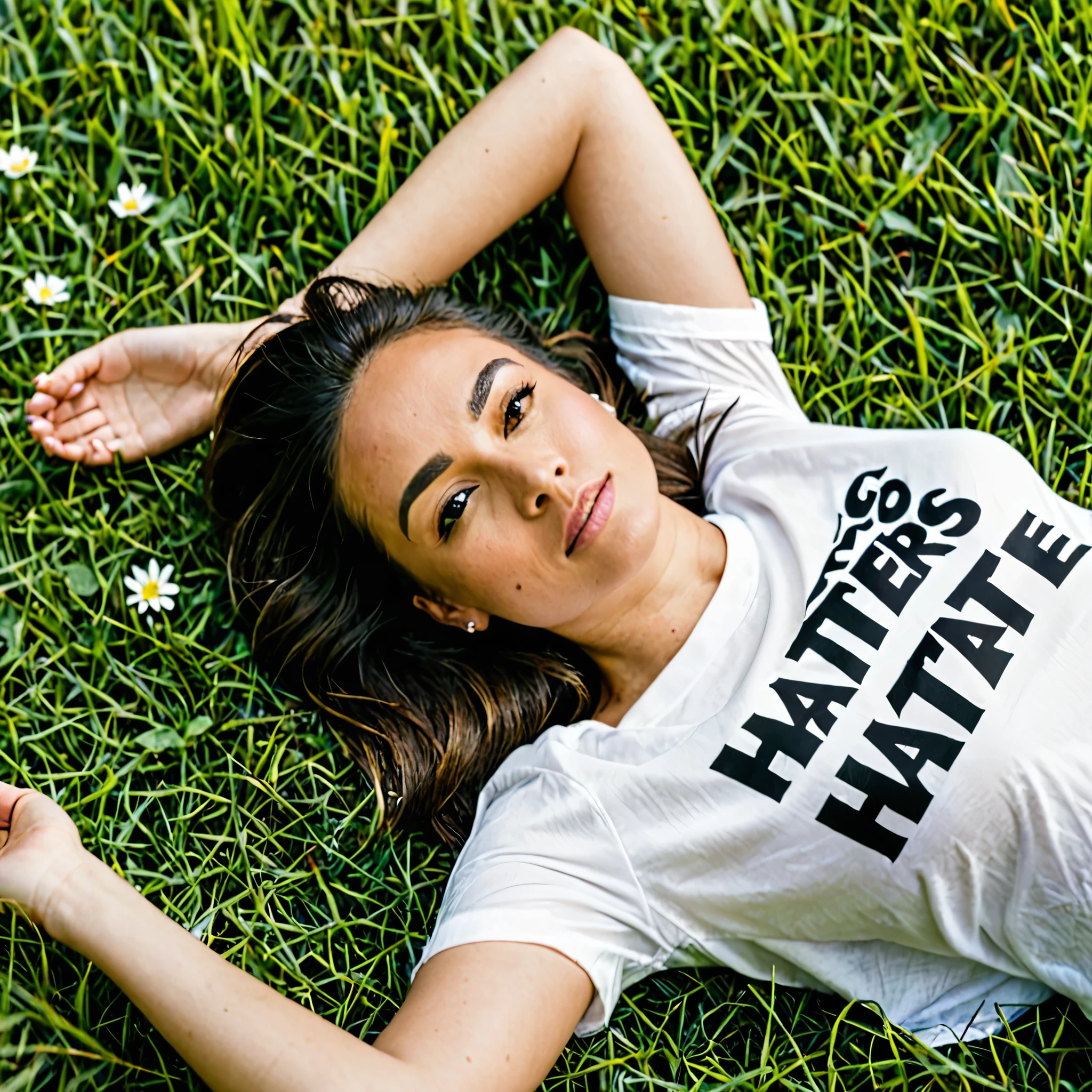 a woman laying on a grass, white shirt, "Haters gonna hate" written on the shirt