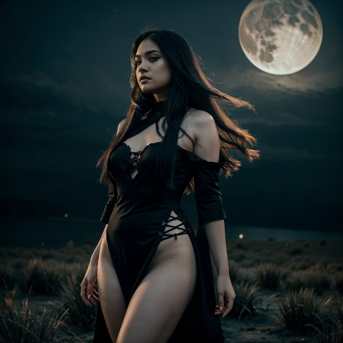 a realistic photo of a chubby filipina woman, with super long black straight windblown hair with midnight blue highlights, wearing a longLacey gorgeous goth girl dress with a high slit, with intricate details, gorgeous legs, long black nails, beauty shot, wolf eyes, vampire beauty, full moon background, goth style, night time, moon shine, glowing skin, pale skin, cinematic effect, smokey, eerie, half body shot, exudes beauty and power