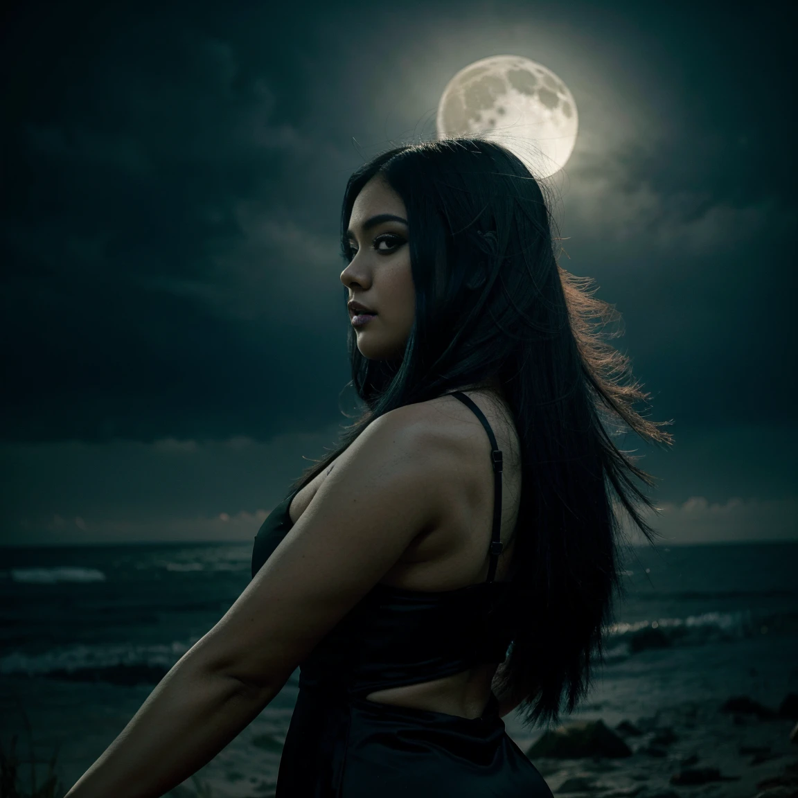 a realistic photo of a chubby filipina woman, with super long black straight windblown hair with midnight blue highlights, wearing a longLacey gorgeous goth girl dress with a high slit, with intricate details, gorgeous legs, long black nails, beauty shot, wolf eyes, vampire beauty, full moon background, goth style, night time, moon shine, glowing skin, pale skin, cinematic effect, smokey, eerie, half body shot, exudes beauty and power