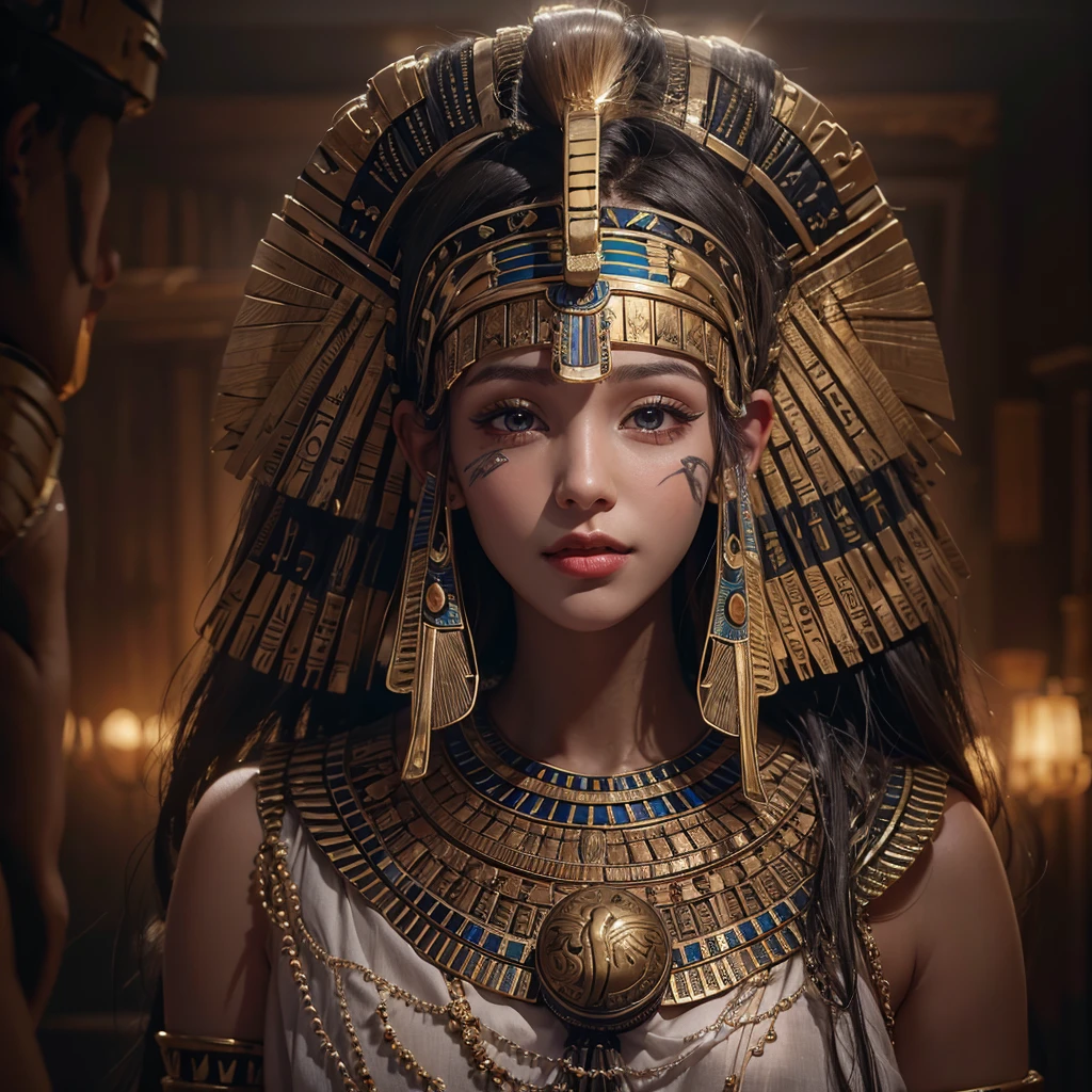 Standing in an ancient Egyptian cave、Blowing hair 、 ((highest quality、masterpiece、8k、Best image quality、Ultra-high resolution、Award-winning works)、(Accurate ???????:1.1)、(Look at me and smile:1.0)、Shining fair skin with Ultra-high resolution、The most detailed face、Ultra-high resolution detailed face、Ultra-high resolutionの髪の毛、(Ultra-high resolution eye:1.1)、Beautiful face drawn in every detail、Ancient Egyptian costumes, Chest to chest,  Dark atmosphere,Dark Light, Ancient Egyptian makeup, 