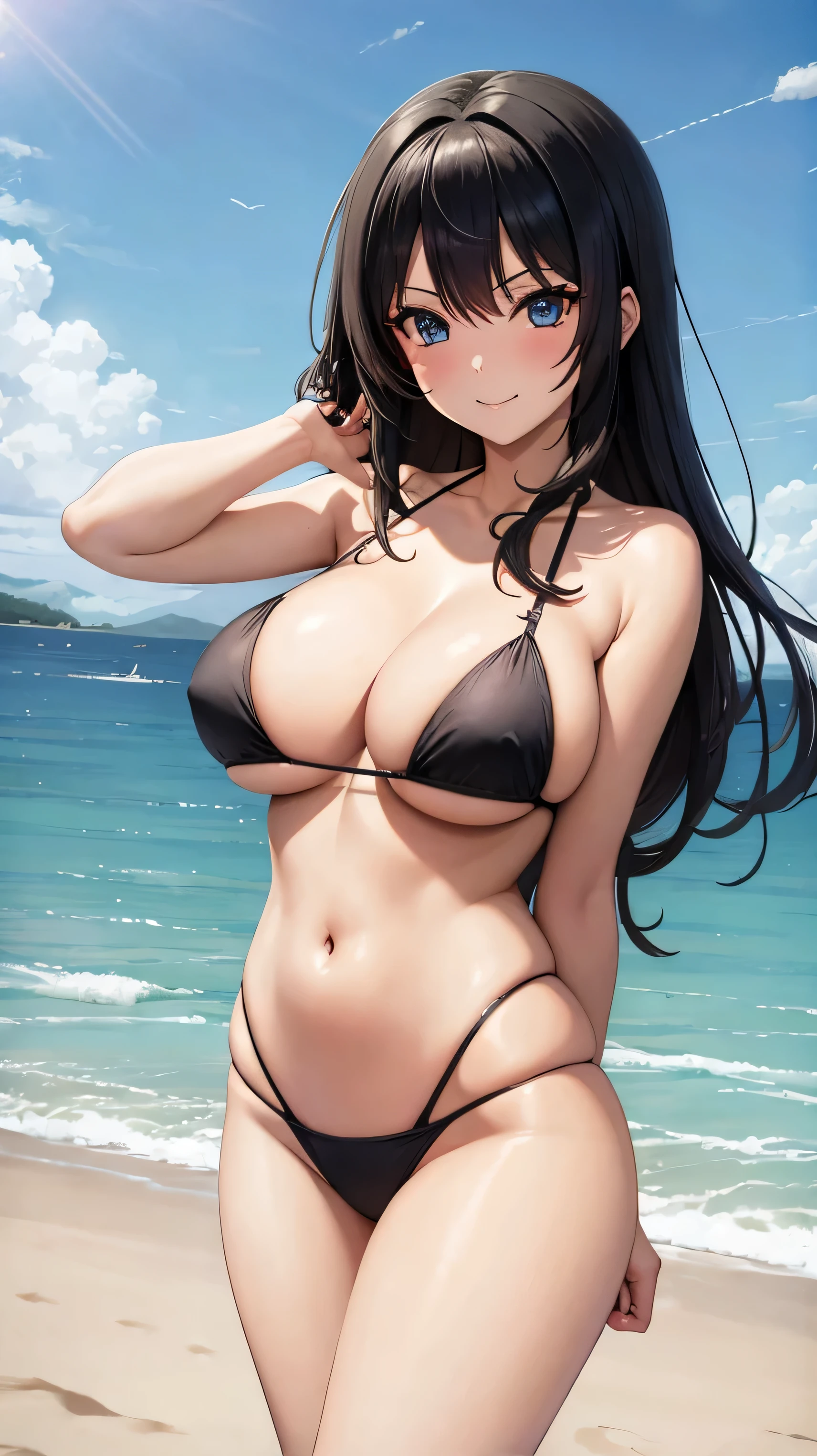 anime sexy girl standind on a grassy field under the sun at the beach, anime style, 1girl, solo, hands behind back, smile, close mouth, black hair, long hair, big breasts, beautiful blue eyes, heart, large breasts, one mole under mouth, sexy black bikini, Nyotengu DoA, btpt-fc, tiny microbikini, miniature microbikini, string-only microbikini