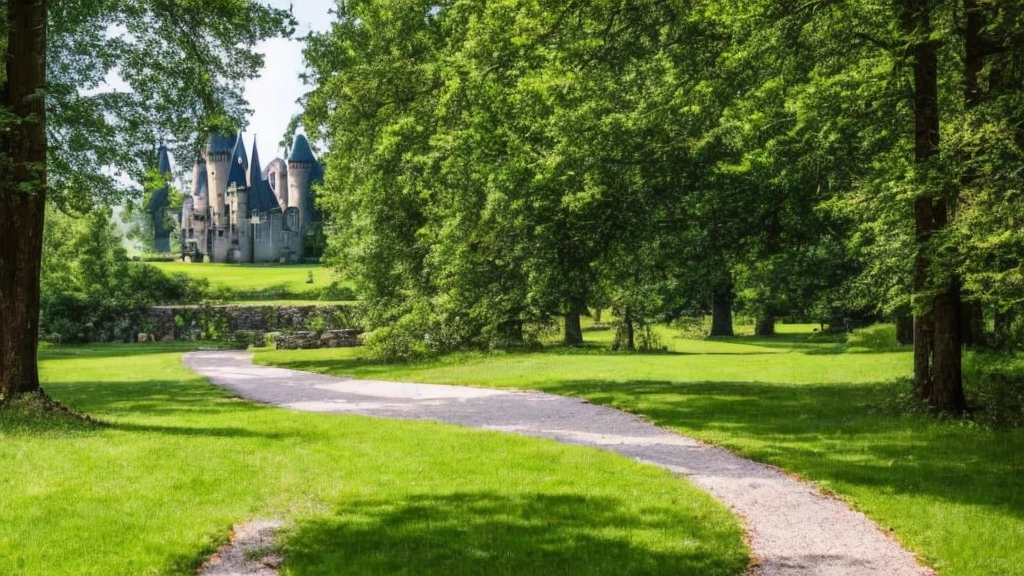 a path surrounded by a forest and trees to a castle that you see at the end

