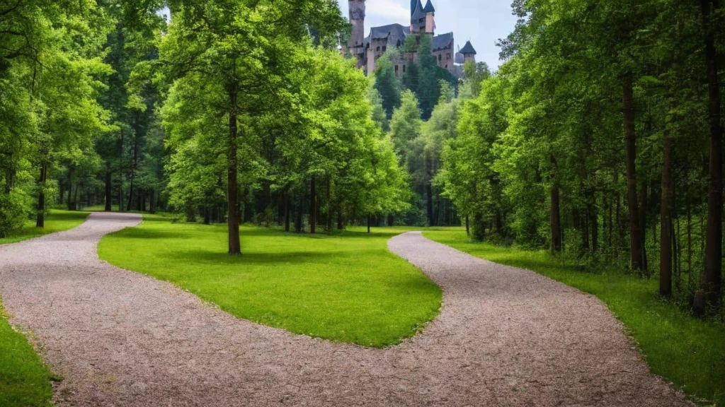 a path surrounded by a forest and trees to a castle that you see at the end

