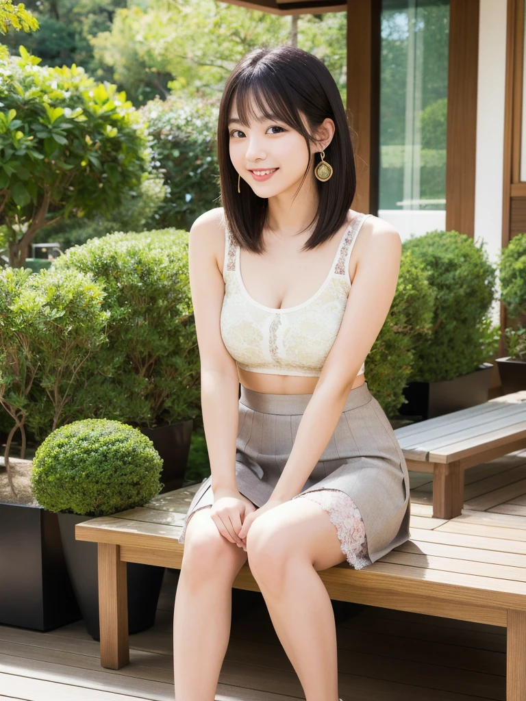 (8K, Realistic, RAW Photos, Highest quality: 1.4),Japanese idol-style beautiful girl,1 person,18-year-old,Short Bob,She has her hair tucked behind her ears,Large, clear grey eyes,Long eyelashes,(piercings(small)),(Lip gloss),lips(Plump,glossy),Tank top,Lace Cardigan,(flare skirt),Long legs,Barefoot and high heels,Cafe terrace with a view of the Japanese garden,Sitting on a chair with legs crossed,Smiling at the camera,Front view,Full body portrait