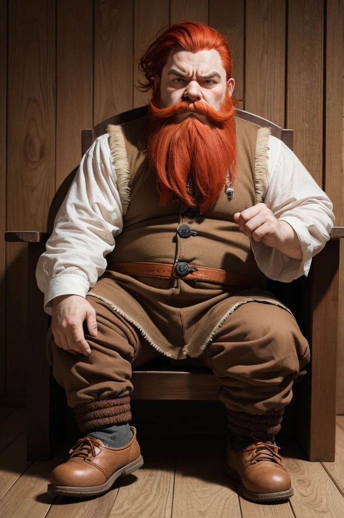 Elderly Royal Dwarf King. Ginger Hair, mustache, large ginger beard. Chubby. Wearing revealing royal armor. Large pierced nipples. Large flaccid penis and testicles. Bending over picking up a sword,