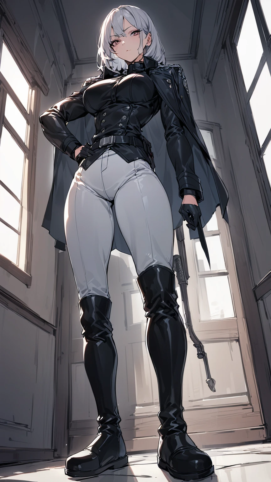Mature female,adult,milf, mature, 30 years old,woman,((solo)),(1girl),standing, full body, authority, leather outfit, dominant, (muscular), long sleeves, black gloves, double-breasted, (black knee-high boots:1.4), (white pants:1.2),devious, seductive, evil, confident,belt, cape, standing, bedroom, military uniform, looking at viewer, from below,clean floor,empty room,large windows,guard,warden,queen,commander, (smirk:0.33),tall,deadpan,