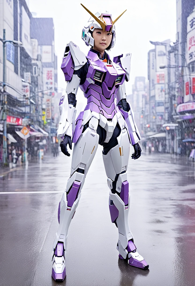 (highest quality、8K、32k、masterpiece、UHD:1.2、perfect body beauty:1.2、Wearing armor gundam a futuristic hero suit with a pale purple and white shine:1.5、rain、street、Cute 25 year old Japan woman、simple background、looking at the viewer、dynamic pose:1.5, full body