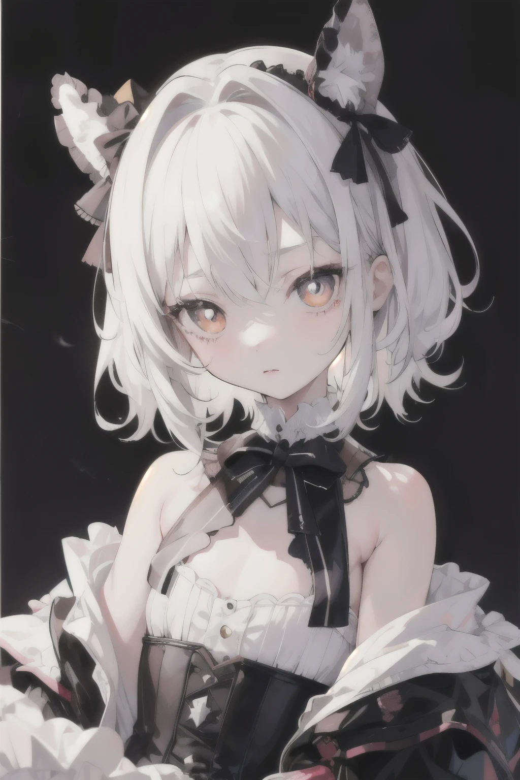 -year-littlith white hair and honey-colored pupils, a confused expression with a little injury on her body, two-dimensional celluloid