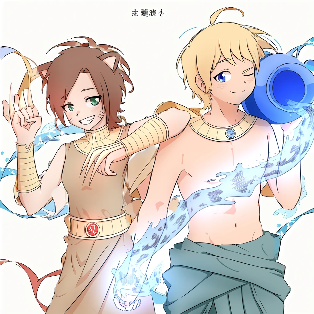 anime background for anime characters representing aquarius and Leo zodiac signs, masterpiece, high quality, highly detailed