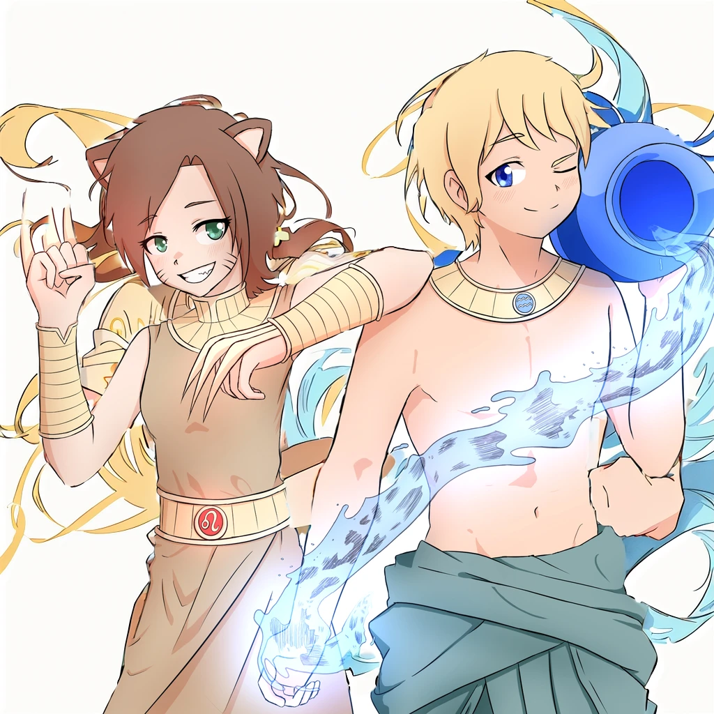 anime background for anime characters representing aquarius and Leo zodiac signs, masterpiece, high quality, highly detailed