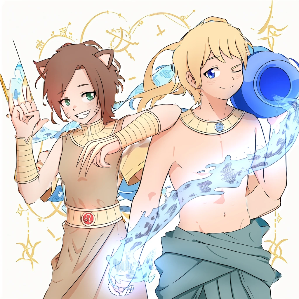 anime background for anime characters representing aquarius and Leo zodiac signs, masterpiece, high quality, highly detailed