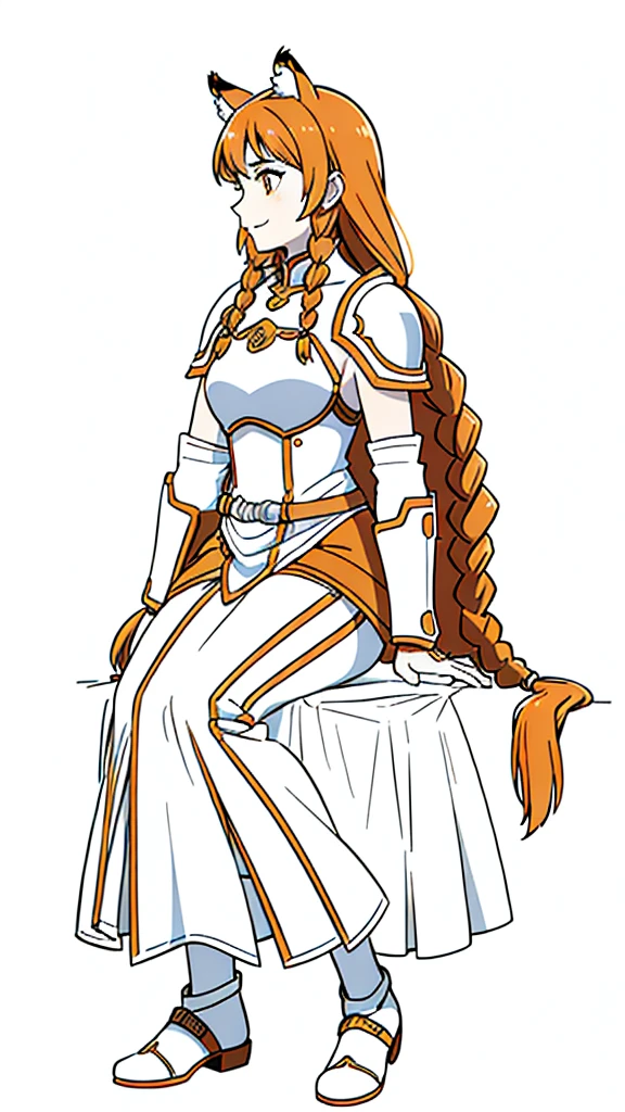 (1girl,20 years old,mature female,solo),tiger ears,long hair,(twin braids),orange hair,white knight armor,(white background,line drawing),smile,sitting,profile, looking away,full body
