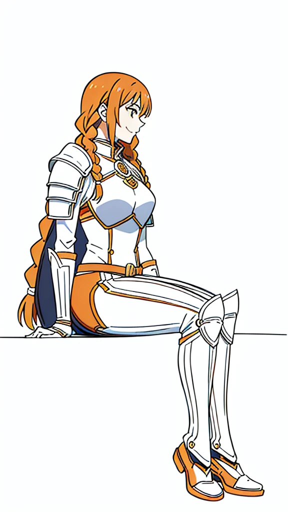 (1girl,20 years old,mature female,solo),tiger ears,long hair,(twin braids),orange hair,white knight armor,(white background,line drawing),smile,sitting,profile, looking away,full body