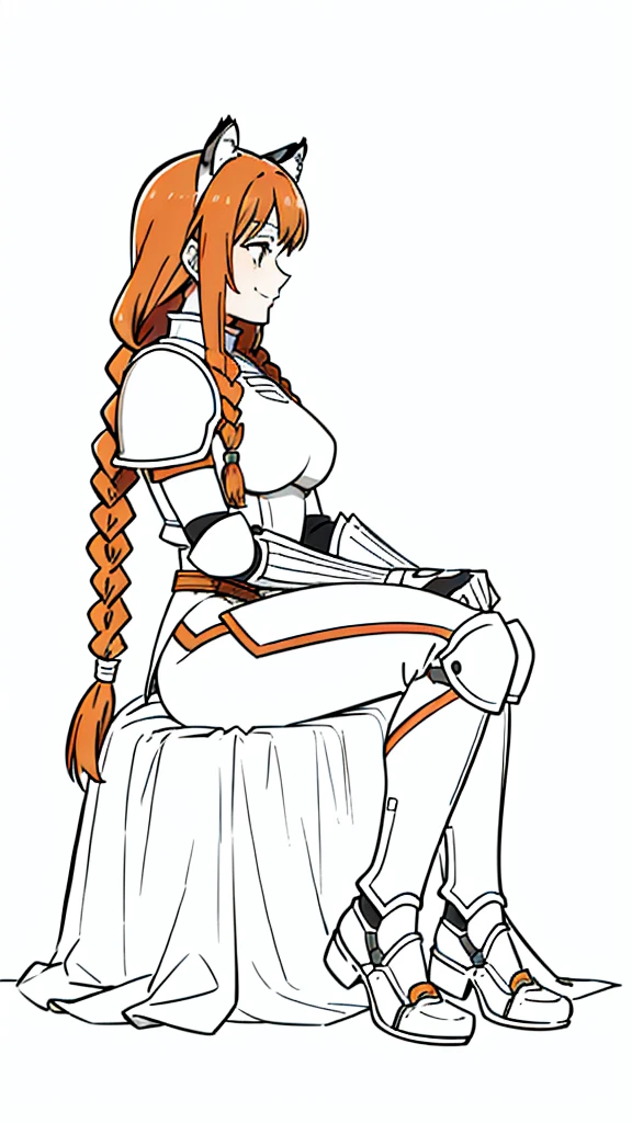 (1girl,20 years old,mature female,solo),tiger ears,long hair,(twin braids),orange hair,white knight armor,(white background,line drawing),smile,sitting,profile, looking away,full body