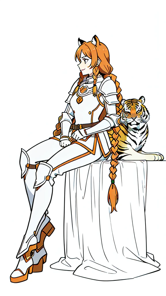(1girl,20 years old,mature female,solo),tiger ears,long hair,(twin braids),orange hair,white knight armor,(white background,line drawing),smile,sitting,profile, looking away,full body