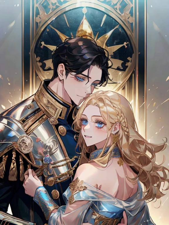((Masterpiece artwork:1.2、Maximum quality))、((two mens))、hair blonde、blue colored eyes(a gorgeous:1.4)、Only boys:1.3、uniforms、royaltly、BlackKnight、short black hair、gold eyes、scar on the right eye、black armour、fancy、Flowers blooming、lighting sun、Fantastic light and shadow、landscapes、extra detailed face、portraits、a smirk