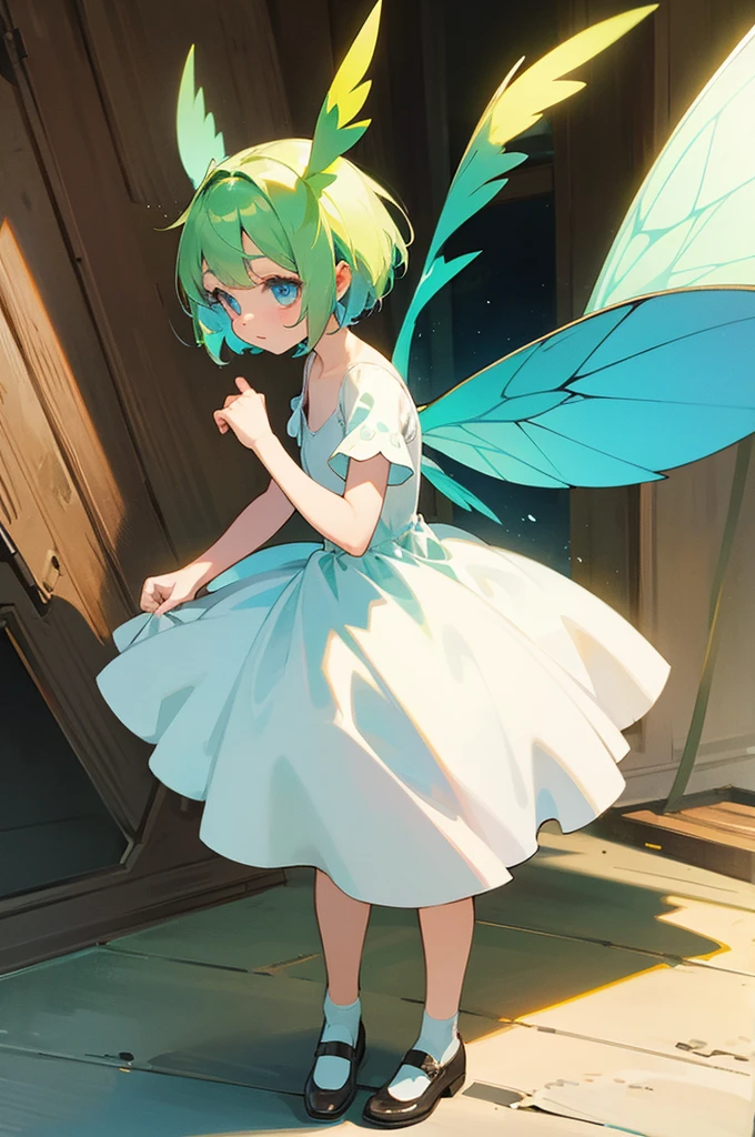 fairy, green hair, short hair, blue eyes, white dress, brown shoes, blue and yellow wings