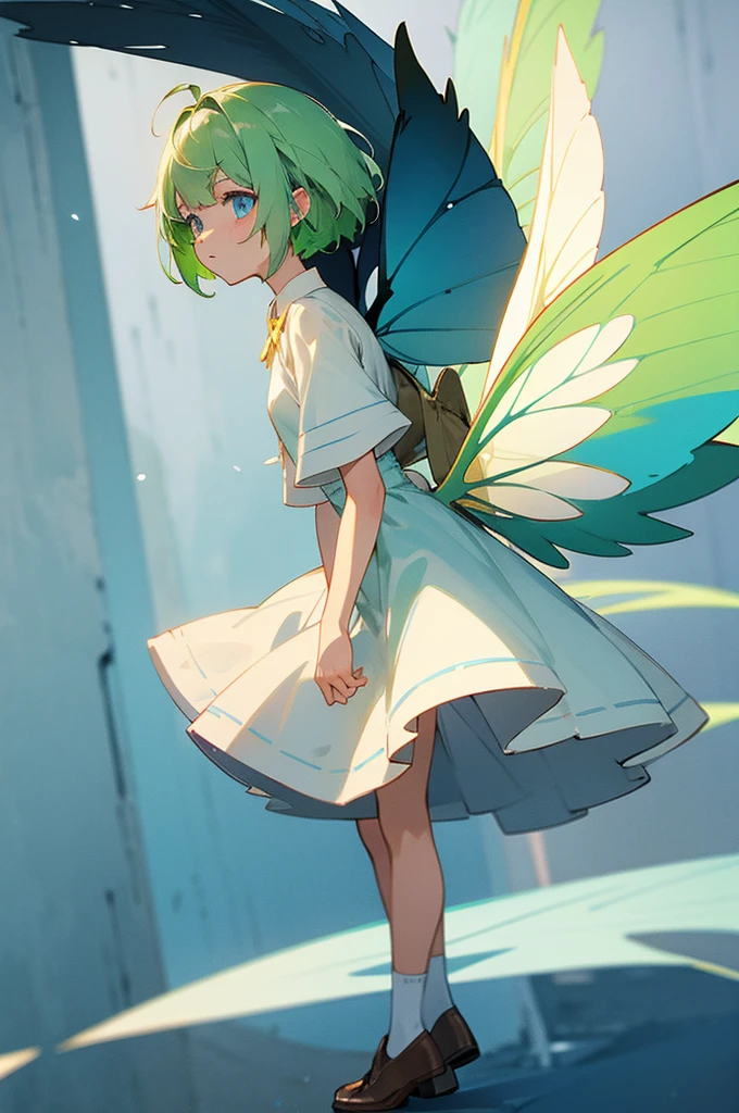 fairy, green hair, short hair, blue eyes, white dress, brown shoes, blue and yellow wings