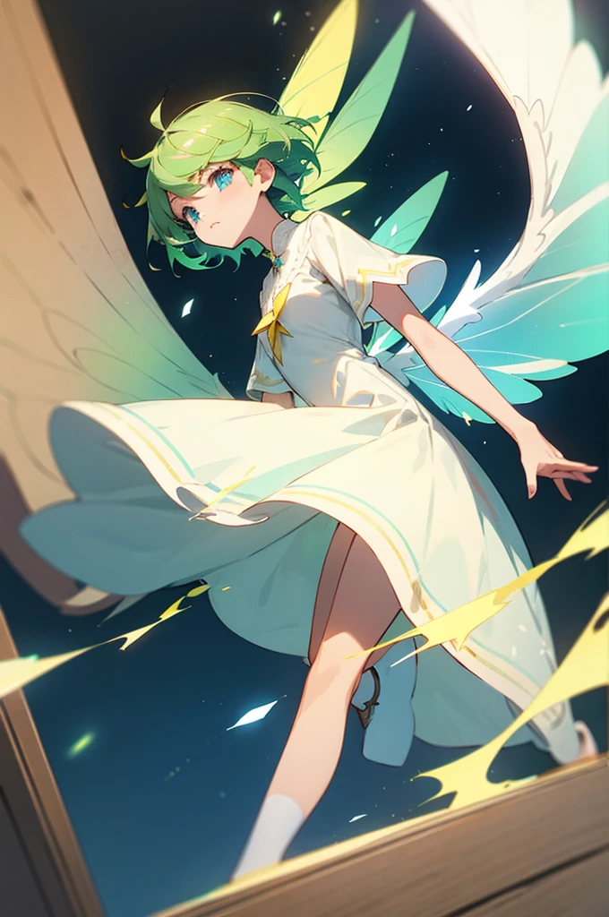 fairy, green hair, short hair, blue eyes, white dress, brown shoes, blue and yellow wings