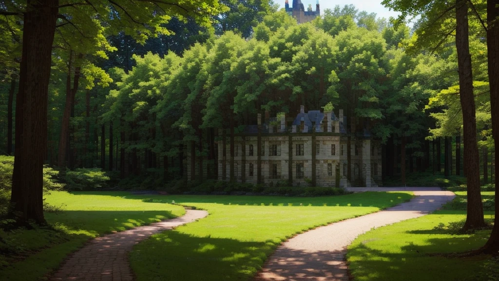 a path surrounded by a forest and trees to a castle that you see at the end