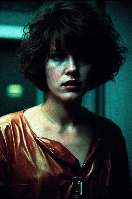 Full shot of eighteen-year-old Molly Ringwald, messy/shaggy razored/layered bob haircut with sideswept bangs, bags under eyes, exhausted eyes, undershadowed eyes, with copper pocketwatch necklace, wearing dark green jacket with sleeves rolled up, white tank top and jeans, extremely realistic, extremely detailed, extreme realism, extreme detail, extremely accurate resemblance, scene from 1986 psychological sci-fi horror film, directed by Michael Mann, cinematography by Dante Spinotti, muted color scheme, muted color palette, neo-noir, tech-noir, taken from VHS release, atmospheric, moody, Manhunter (1986) influenced, Thief (1981) influenced, bedhead, unkempt hair, insomniac, dark circles under eyes, brooding anti-heroine, cult classic, cult film, complex, elaborate, masterpiece, underlit, dark, directed by Nicholas Winding Refn, synthwave, neon, retrowave, darkwave, Hotline Miami vibes, Drive (2011) vibes, neon nightmare, neon hell, neon noir, nightmare noir, neon horror, synth-horror, VHS grain, VHS filter Silent Hill vibes