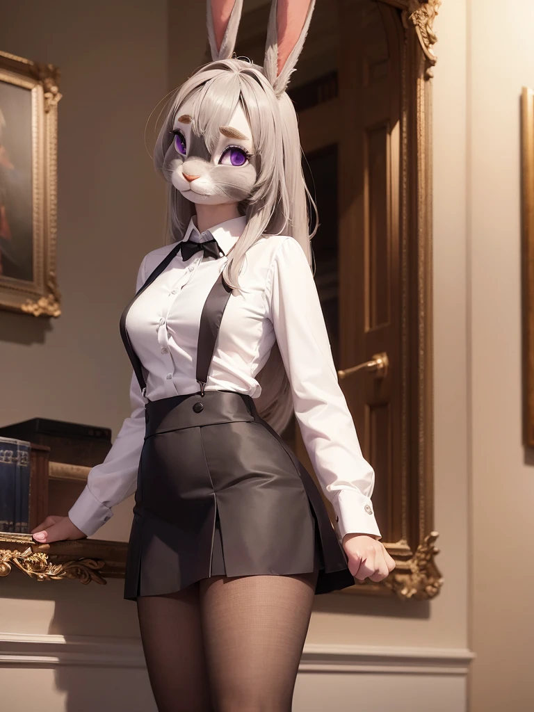 best quality,
masterpiece,
hyper Realistic,
ultra-detailed,
beautiful detailed,
4K，8K，High level,
PIXAR,
Photo real,
Portrait,
Looking at the audience,
background is an office,
Realistic lighting,

((anthropomorphic rabbit)),
detailed animals,
Complex patterns,
(furry:1.4),
((whole body fur)),
((human hands)),

(Face is JudyHopps:1.35),
((long straight hair)),
wispy bangs, bangs,
purple eyes,
(arched eyebrows:1.2),
(uplift eyebrows:1.1),
(rabbit ears:1.1),

office lady is wearing suit,
((White blouse)) BREAK ((Black skirt)),
clothes made of cotton,

(solo:1.5),
(1 lady:1.5),
one character only
alone,
Perfect Anatomy,