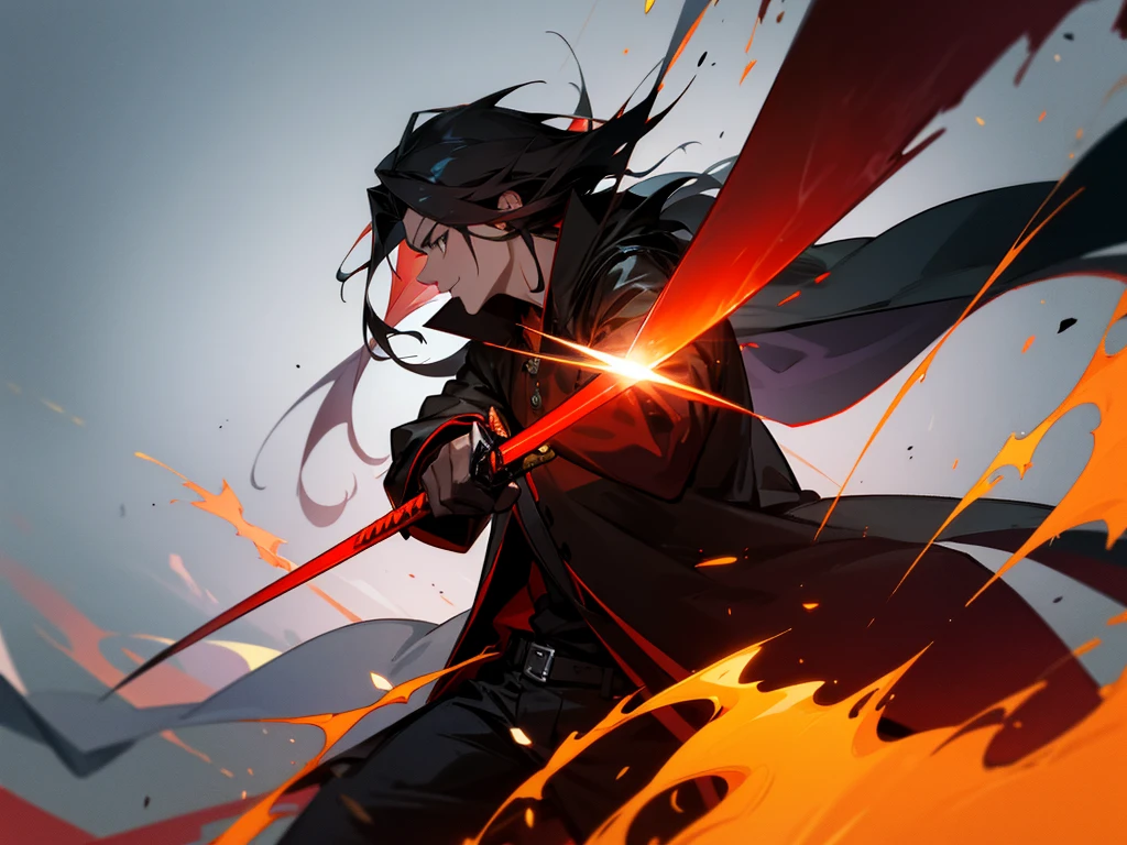 A good looking guy With Red And Black Coat With A sword,Fire In background