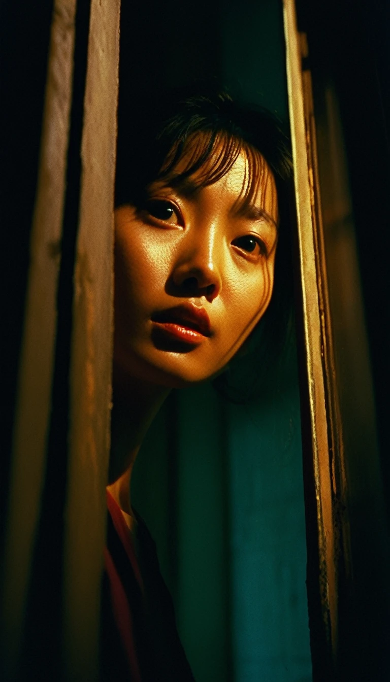 Extreme low angle shot from below, girl, looking at camera, drama movie, movie still, lighting through window, shadows on face, wong kar wai color palette