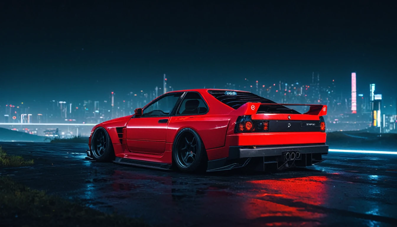 there is a beautiful women standing next to a red car, in the cyberpunk countryside, black hair, touge, drifters, night time, night, ambient