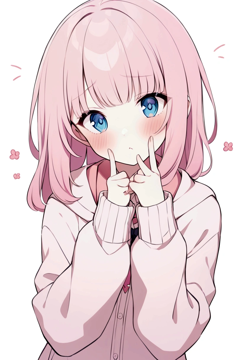 Girl with pink hair and blue eyes, Wearing jk, Poke with two fingers，shy