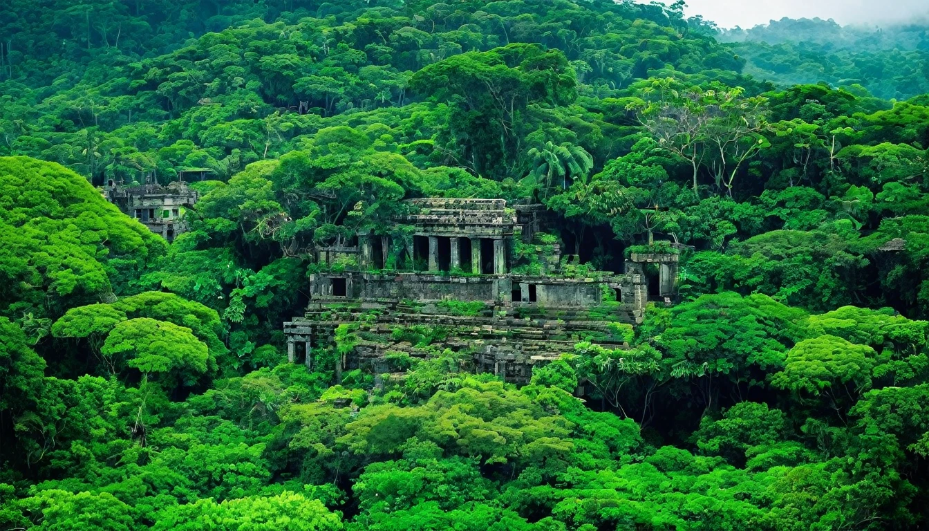 A dense jungle with ancient ruins peeking through the foliage