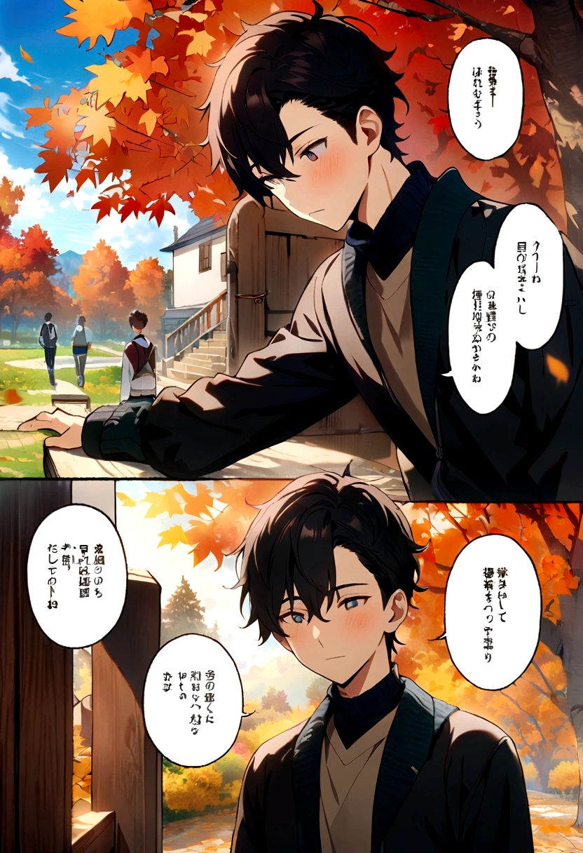 masterpiece, best quality, {{comic}}, {{{{{{2boys}}}}}}, {{{yaoi}}}, day, in autumn, masterpiece,best quality,official art,extremely detailed CG unity 8k wallpaper, student