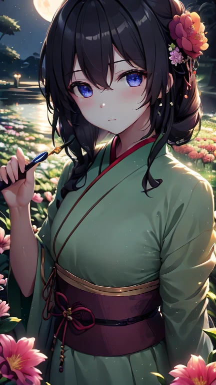 best quality, high_resolution, distinct_image, detailed background ,girl, hanbok,flower,garden,moon, night,dutch angle, wide shot, crown,  