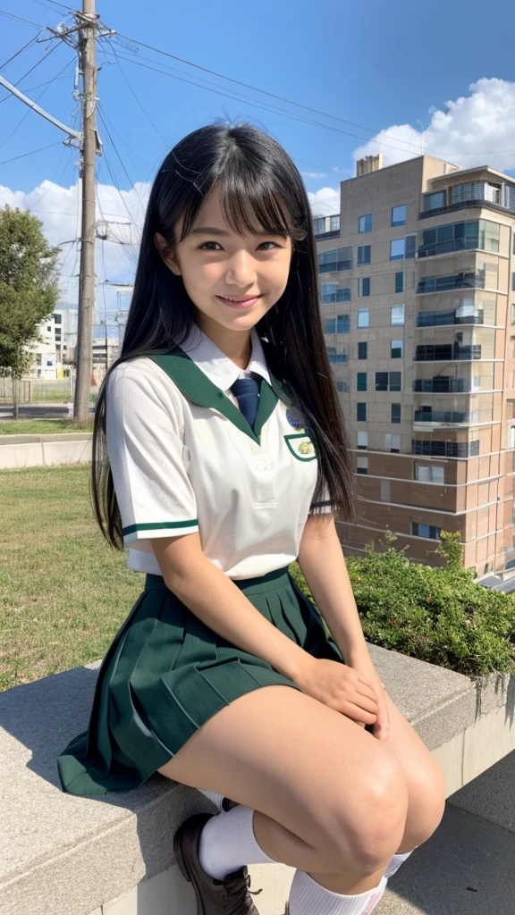 An Asian girl, sitting on the building, she was surrounded by tiny people, she holding a few tiny people, she has warm-white skin colour and she is skinny, she has long black hair and green eyes, she is wearing Japanese High-school uniform, she wears a pair of long white socks, She is a gigantic girl, size difference, masterpiece, details, smile, appropriate.