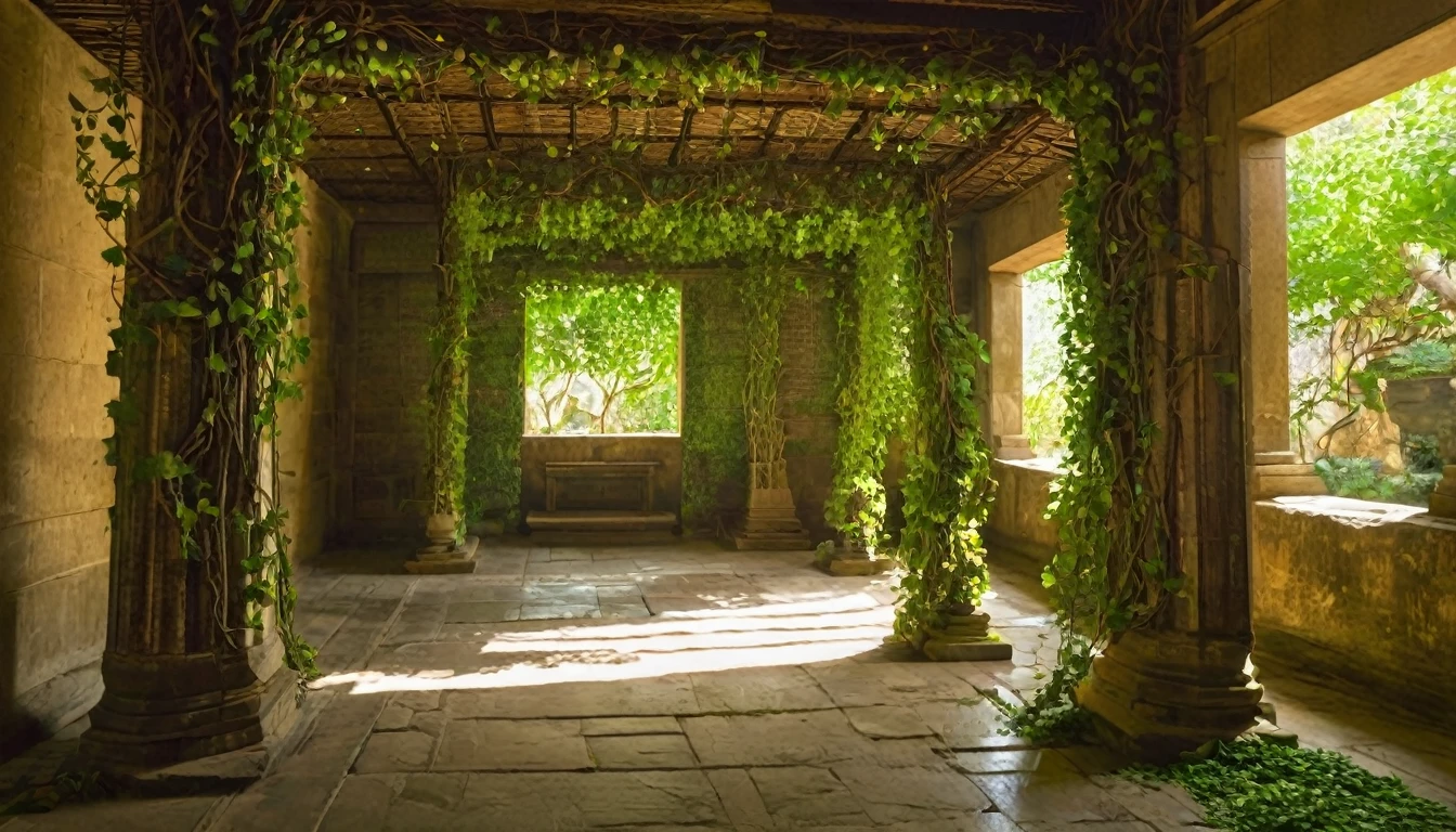 The interior of an ancient, vine-covered temple with faint light filtering in.