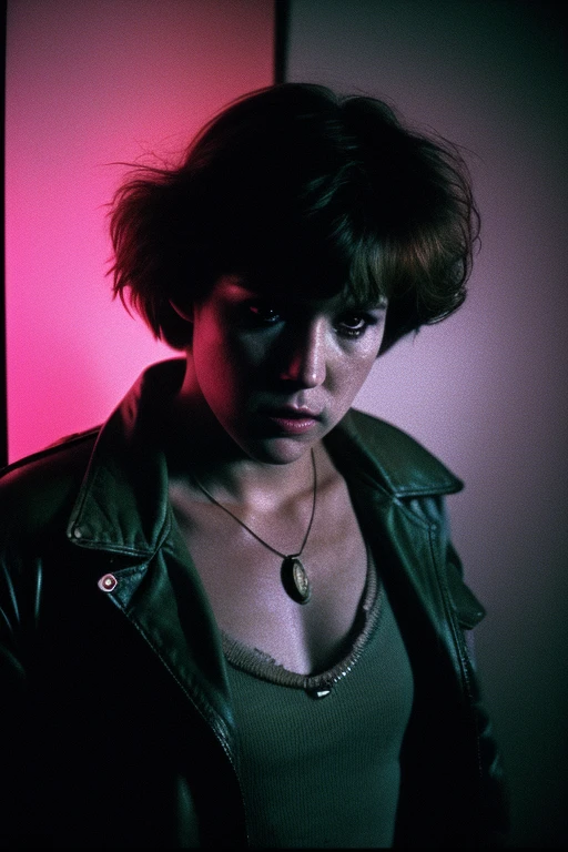 Full shot of eighteen-year-old Molly Ringwald, messy/shaggy razored/layered bob haircut with sideswept bangs, bags under eyes, exhausted eyes, undershadowed eyes, with copper pocketwatch necklace, wearing dark green jacket with sleeves rolled up, white tank top and jeans, extremely realistic, extremely detailed, extreme realism, extreme detail, extremely accurate resemblance, scene from 1986 psychological sci-fi horror film, directed by Michael Mann, cinematography by Dante Spinotti, muted color scheme, muted color palette, neo-noir, tech-noir, taken from VHS release, atmospheric, moody, Manhunter (1986) influenced, Thief (1981) influenced, bedhead, unkempt hair, insomniac, dark circles under eyes, brooding anti-heroine, cult classic, cult film, complex, elaborate, masterpiece, underlit, dark, directed by Nicholas Winding Refn, synthwave, neon, retrowave, darkwave, Hotline Miami vibes, Drive (2011) vibes, neon nightmare, neon hell, neon noir, nightmare noir, neon horror, synth-horror, VHS grain, VHS filter, Silent Hill vibes, old VHS tape