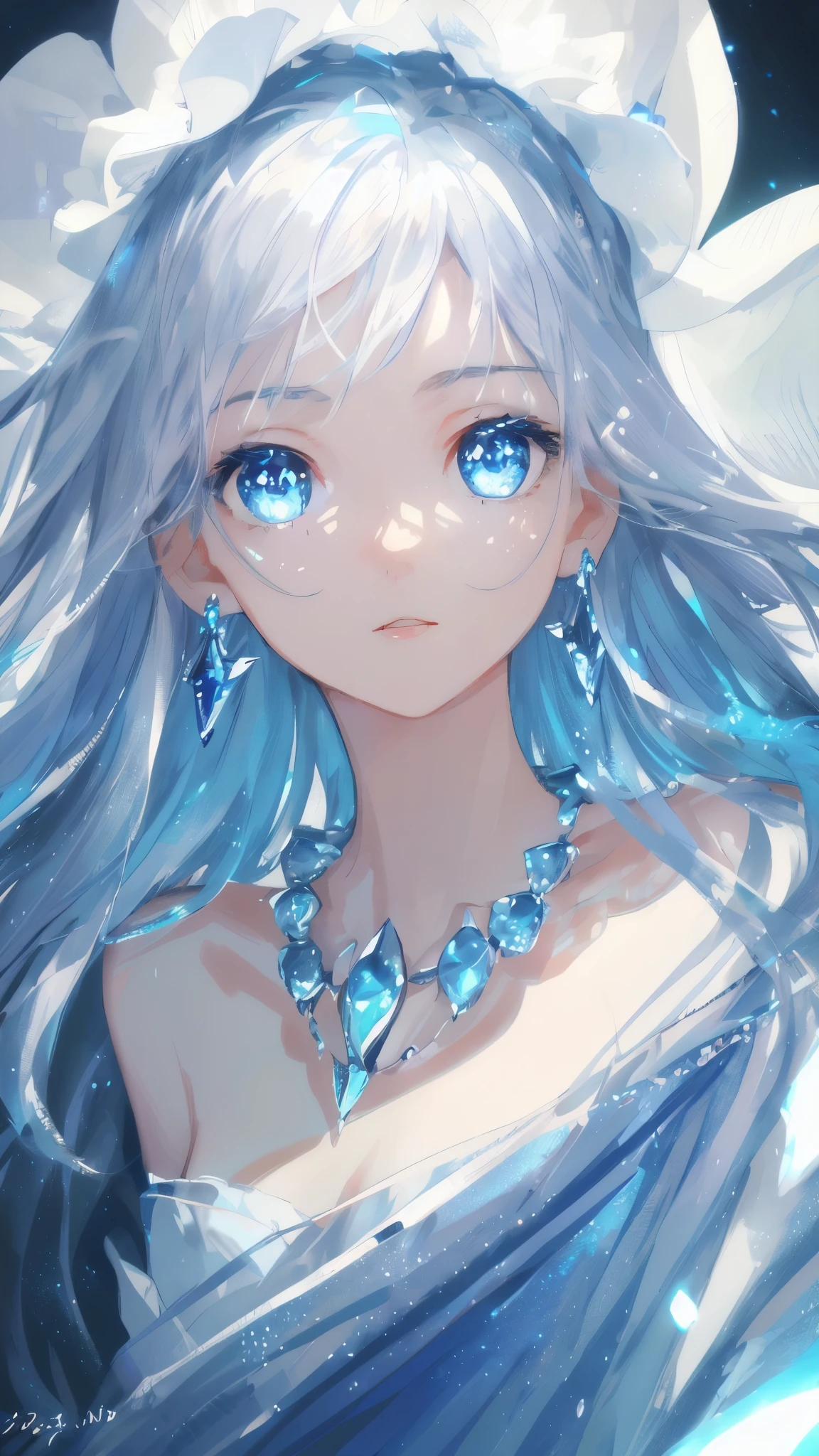 masterpiece, best quality, illustration, sax blue, platinum earrings, platinum necklace, white dress, 1girl, cute, (dynamic lighting:1.2), cinematic lighting, delicate facial features, detailed eyes, sharp pupils, realistic pupils, depth of field, bokeh, sharp focus, (hyper-detailed, bloom, glow:1.4), many small gems