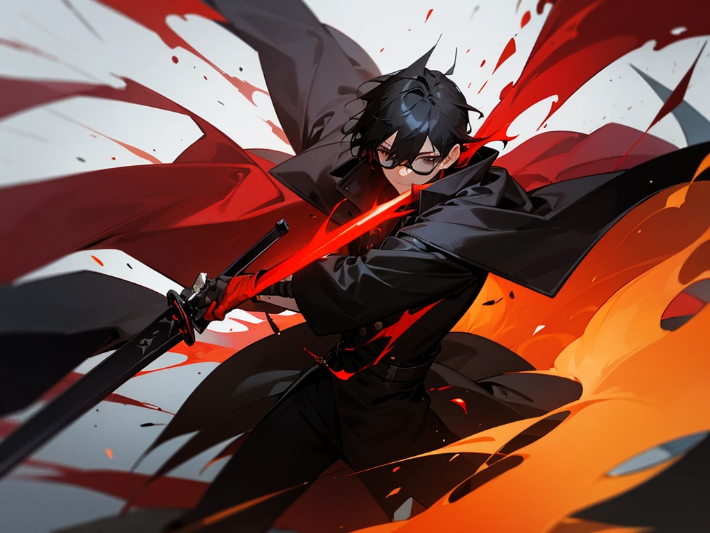 A Guy With Red And Black Coat wearing black glasses With A sword,FireSpreading In background