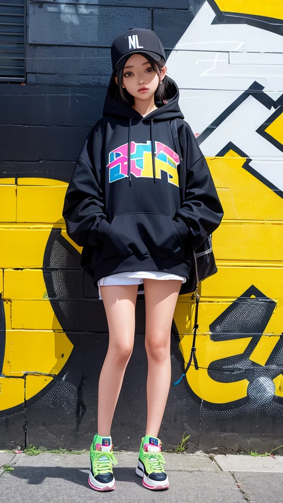 Capture a stylish girl in a hype outfit, complete with trendy sneakers, oversized hoodie, and edgy accessories. She's posing confidently in front of a modern, urban building. Behind her, there's a large, vibrant graffiti mural featuring the word 'SASIMO' in bold, colorful letters. The background should emphasize the dynamic cityscape, with the girl exuding cool confidence and street-style flair."