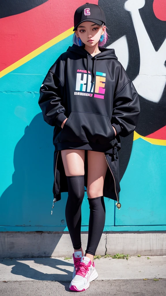 Capture a stylish girl in a hype outfit, complete with trendy sneakers, oversized hoodie, and edgy accessories. She's posing confidently in front of a modern, urban building. Behind her, there's a large, vibrant graffiti mural featuring the word 'SASIMO' in bold, colorful letters. The background should emphasize the dynamic cityscape, with the girl exuding cool confidence and street-style flair."