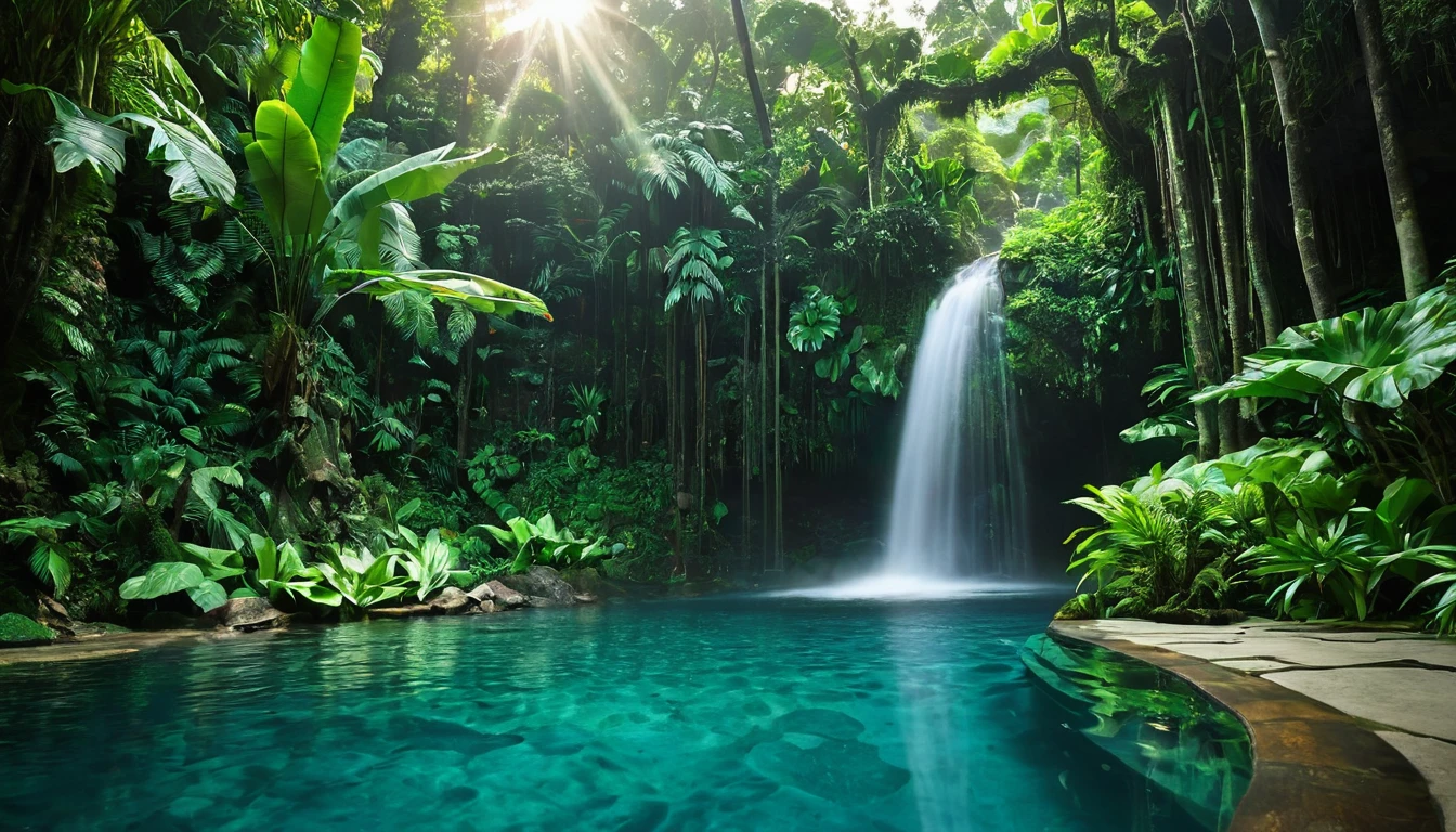 A lush jungle with a glowing waterfall and a clear pool