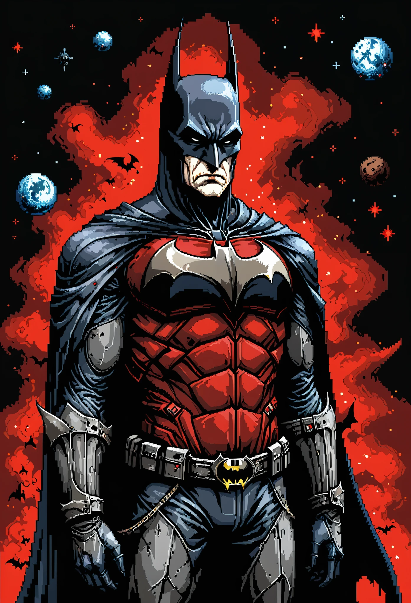 in style of Santiago Caruso, character concept design,Batman,Half Body,Dark red background,Fantasy Art, galaxy,32-bit game pixel art ,illustration, vector