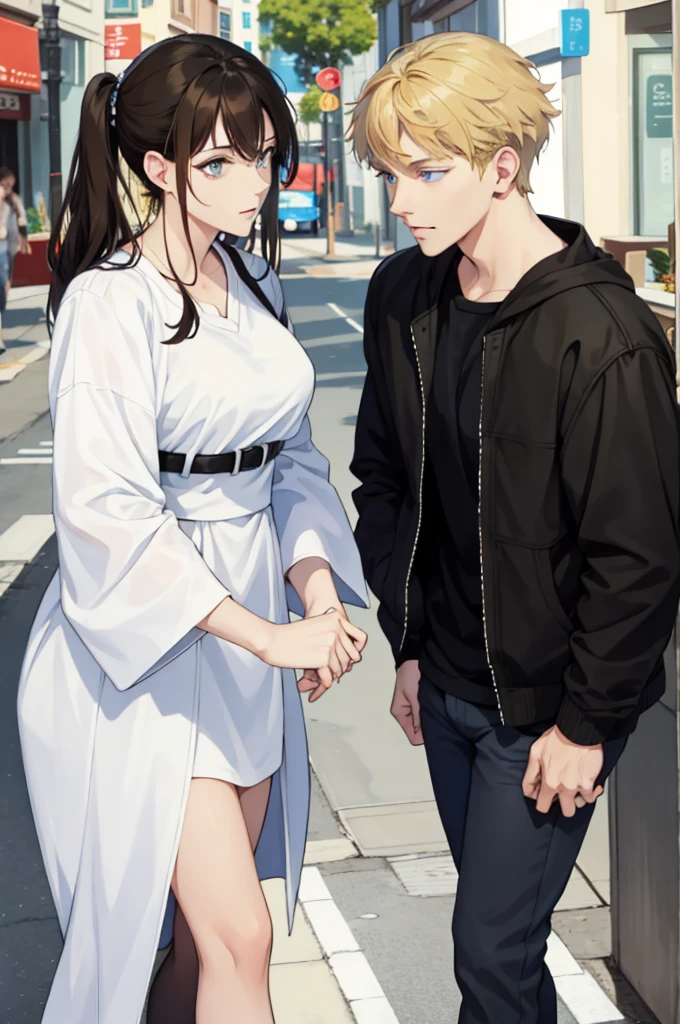 A sad love triangle,Male 2,Female1,Brunette woman,blue eyes,blond haired green eyed man,black haired black eyed man,Korean 