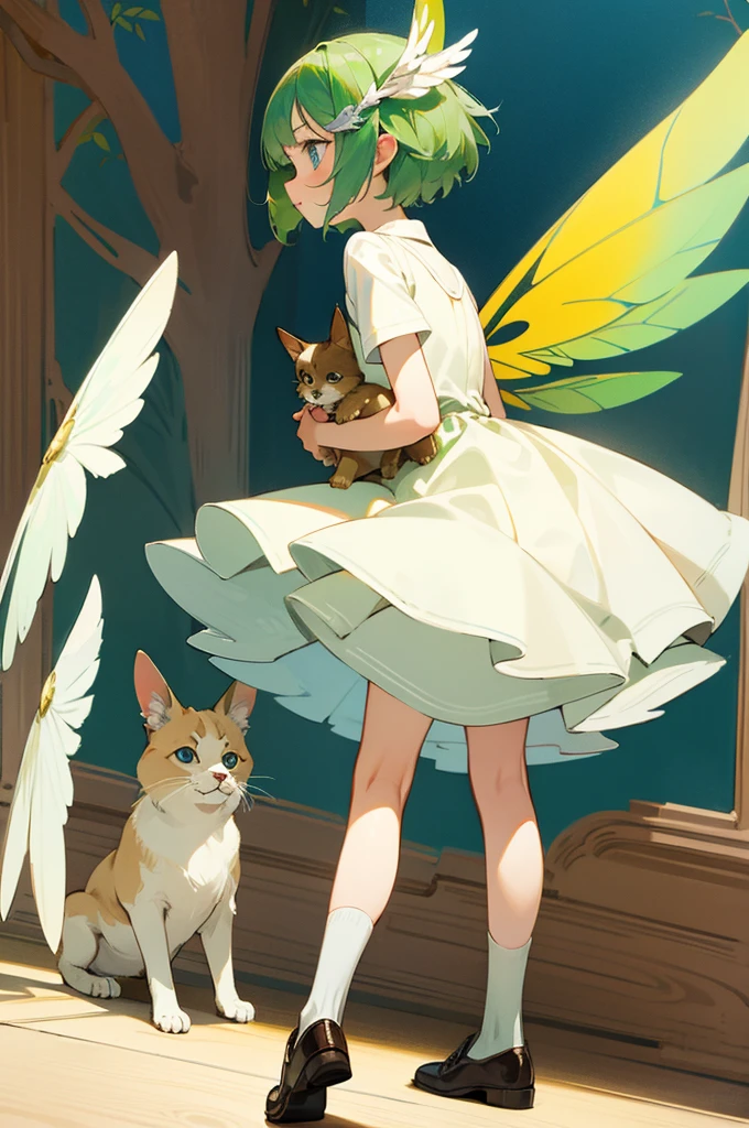 fairy, green hair, short hair, blue eyes, white dress, brown shoes, blue and yellow wings, hair ornaments, wood background, pets, sat, sweet, cute, kind, small,