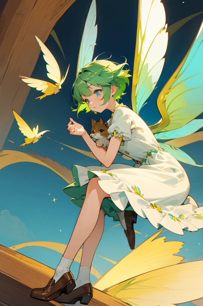 fairy, green hair, short hair, blue eyes, white dress, brown shoes, blue and yellow wings, ornaments, wood backgrounds, pets,