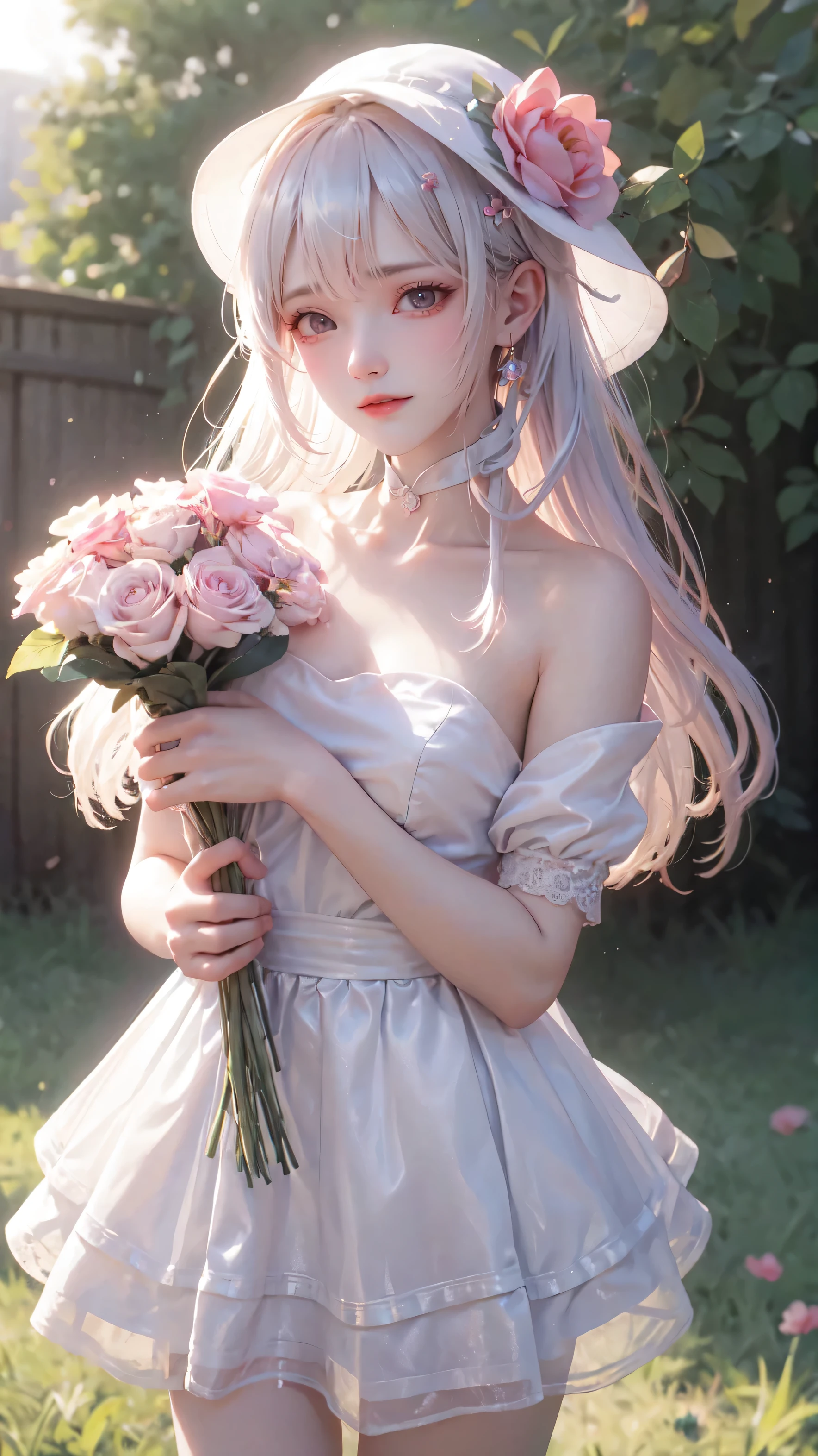 ((masterpiece, best quality)), 1girl, flower, solo, dress, holding, sky, cloud, hat, outdoors, bangs, bouquet, rose, expressionless, blush, pink hair, flower field, red flower, pink eyes, white dress, looking at viewer, midium hair, holding flower, small breasts, red rose, holding bouquet, sun hat, white headwear, depth of field