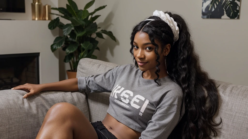 a selfie of a girl black youtuber , sitting on a couch in her livingroom, with a shirt on and a smile, a screenshot by Ella Guru, trending on cg society, renaissance, wearing a sexy cropped top, youtube video screenshot, long afro hair, a woman with a headband on is smiling and wearing a gray shirt, a portrait by Milton Menasco, featured on reddit, renaissance, long afro hair, wig, wearing a headband, wearing the number 1 headband, long black hair in a ponytail, long wild black curly hair, her black hair is a long curly, with afro, black ponytail hair, ponytail black hair