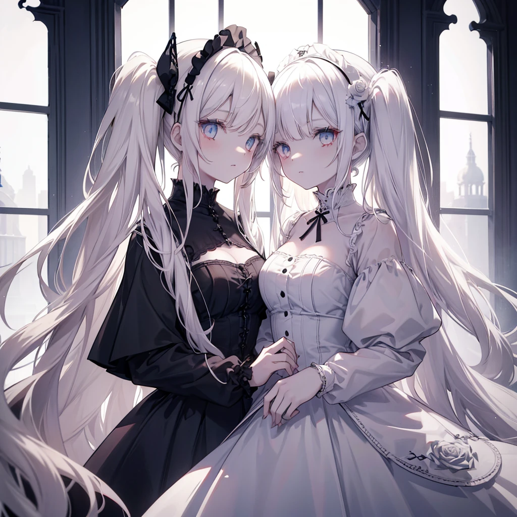 Two girls, red eyes and beige hair, blue eyes and white hair, twin tails, long hair, monochrome gothic fashion, white roses, white background,