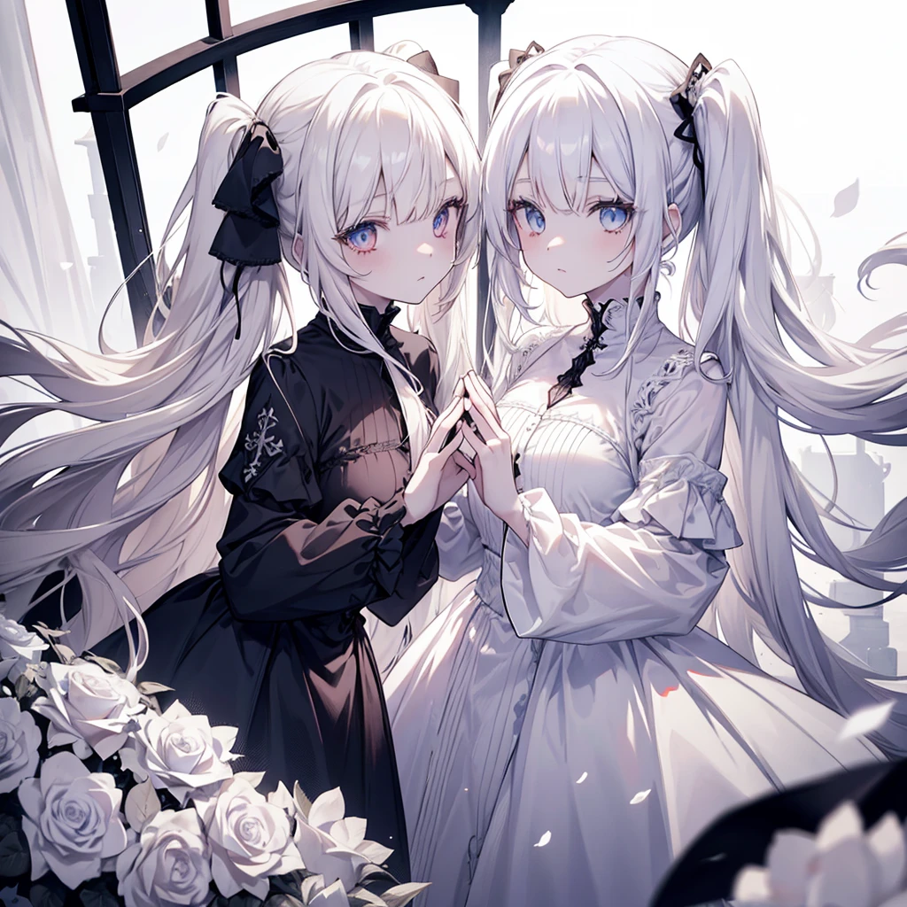 Two girls, red eyes and beige hair, blue eyes and white hair, twin tails, long hair, monochrome gothic fashion, white roses, white background,